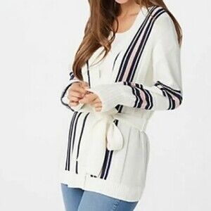 Laurie Felt Ivory Wrap Cardigan Sweater Long-Sleeves Navy Pink Stripes Size XS
